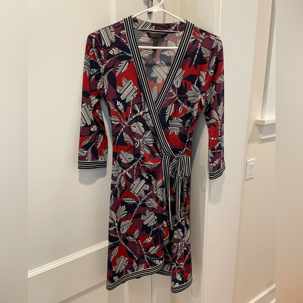 BCBG Adele Print Wrap Jersey Stretch Dress XS like new navy blue garnet purple